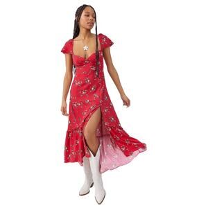 Urban Outfitters Cowboy Horse Print Floral Maxi Dress Red L Western Boho Cowgirl